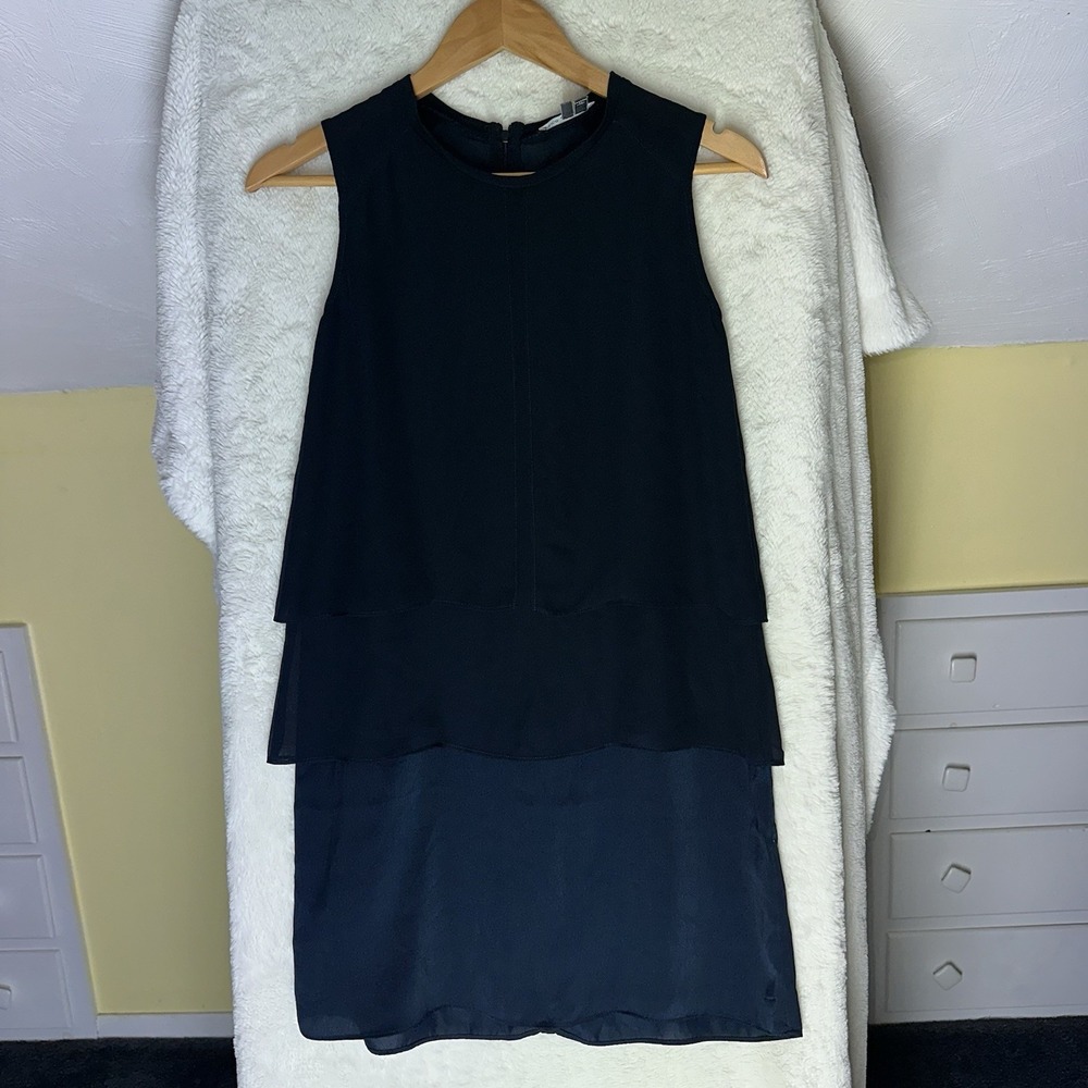 VINCE Womens Navy Blue Sheath Dress Sleeveless Layered Shift Flowy Classic Basic